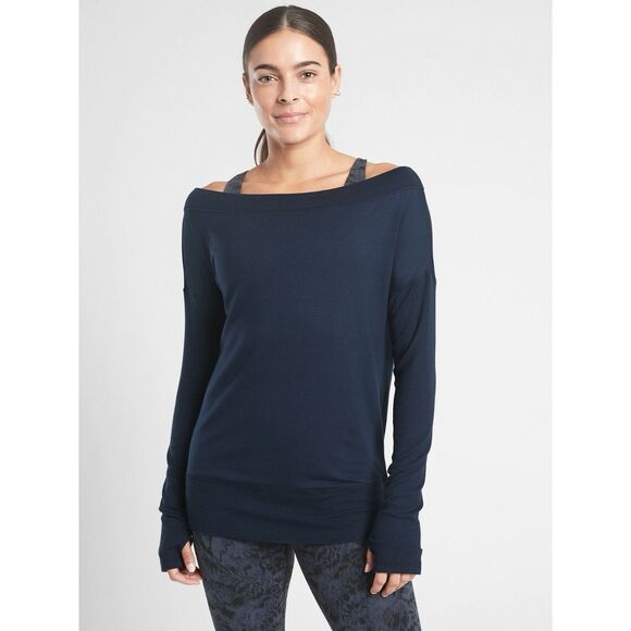 Athleta Off the Shoulder Studio Barre Sweatshirt Navy Size Medium Style 777919 - Picture 1 of 10